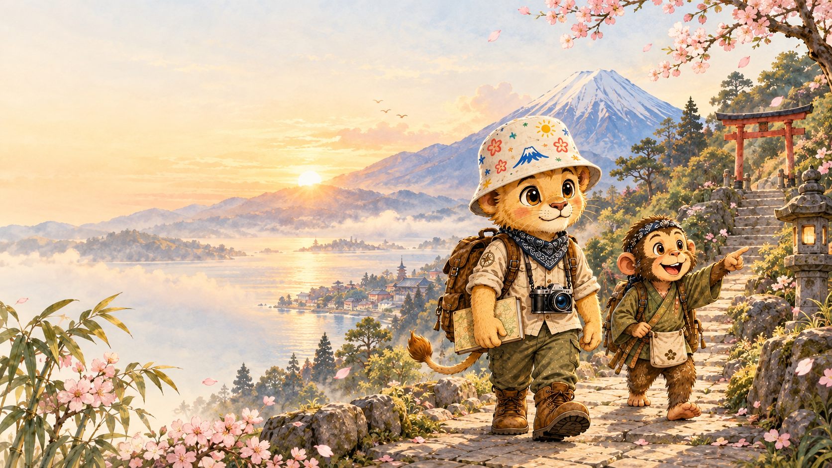 LEO the lion guide and his cheerful monkey companion exploring Japan